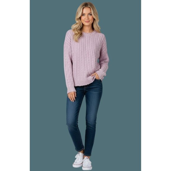 2/$35 Easel Cable Knit Distressed Pink Sweater - 100% Cotton - Women Size S - Picture 1 of 8